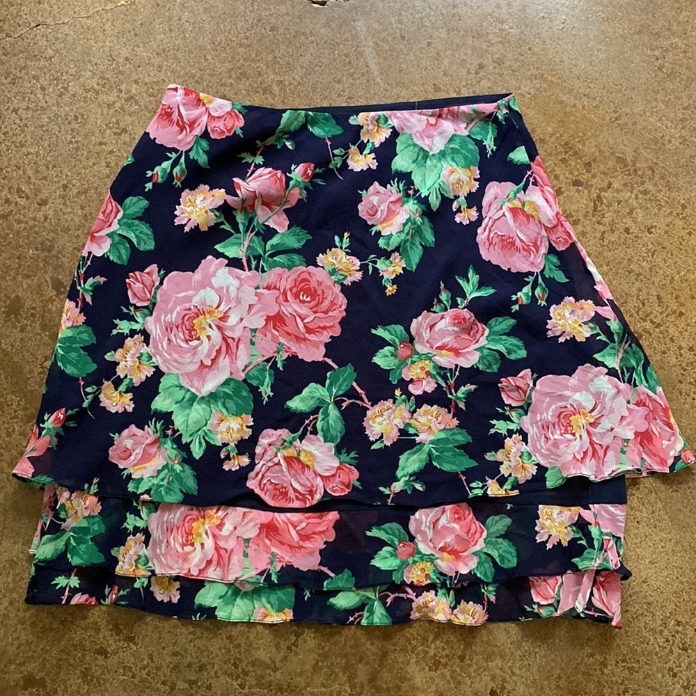 RALPH Lauren navy floral silk flowy‎ tiered knee length skirt - Picture 5 of 6